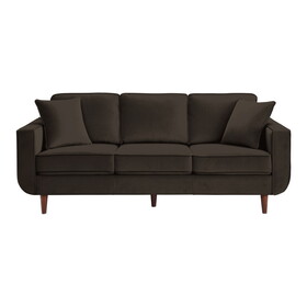 Mid-Century Modern Chocolate Hue Velvet Upholstered 1pc Sofa with 2 Pillows Classic Living Room Furniture Solid Wood