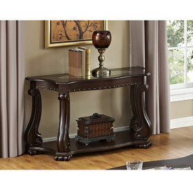 Glass Top Sofa Table Brown Base Lower Display Shelf Ornate and Sweeping Legs 1pc Sofa Table