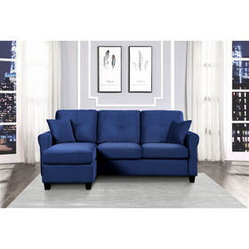 Modern Living Room Sectional Sofa Reversible Chaise with 2 Pillows Blue Velvet Upholstered Tufted Back Solid Wood Frame Furniture L-Shape Sofa