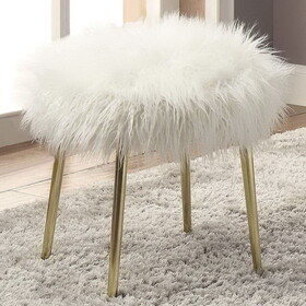 Contemporary Glam White Gold Fabric Faux Fur 1pc Ottoman Upholstery Living Room Ottoman Seat