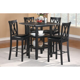 Black Finish 5pc Counter Height Set Dining Counter Height Table with Lower Shelves and 4x Chairs Set Faux Leather Upholstered Kitchen Dining Furniture B011P194586
