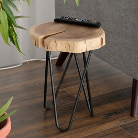 12" Acacia Wood End/Side Table, Living Room Accent Stool, Iron Hairpin Legs, Home D&#233;cor, Brown/Black B011P198366