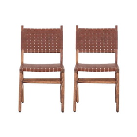 Upholstered Dining Chair Set of 2, Genuine Leather Woven Side Chair, Rustic Hardwood Frame, Brown B011P198369