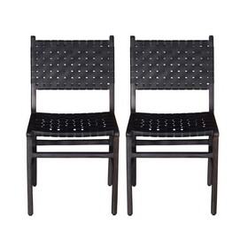 Upholstered Dining Chair Set of 2, Genuine Leather Woven Side Chair, Rustic Hardwood Frame, Black B011P198370