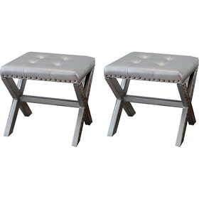 Set of 2 Silver Modern Chic Vanity Stool Upholstered Chair Fabric Nailhead Trim Tufted Seat and Solid Wood Frame B011P202588
