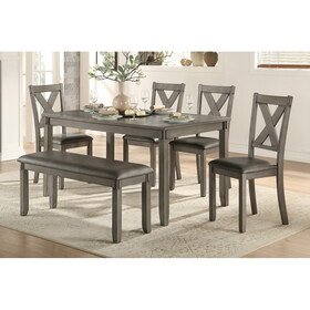 Transitional 6-Piece Dining Set Gray Finish Dining Table Bench 4x Side Chairs Upholstered Seats Wooden Dining Kitchen Furniture B011P211344