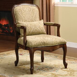 Queen Anne Style Legs Traditional Accent Chair w Pillow Beige Fabric Dark Cherry Solid wood Padded Seat 1pc Arm Chair B011P214556