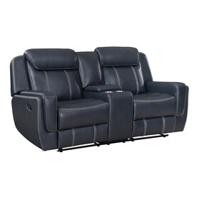 Modern Blue Dual Reclining Loveseat with Center Console, Breathable Faux Leather Upholstery, USB Ports Living Room Furniture 1pc