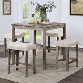 Transitional 5pc Counter Height Dining Set Gray Counter HT. Table and 4x Stools Linen-like Beige Cushion Seat Dining Room B011P230005