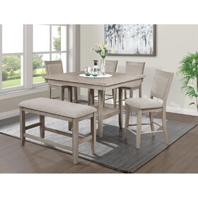 6pc Dining Set Contemporary Farmhouse Style Counter Height w 20-inch White Faux Marble Lazy Susan All Tan / Beige Gray Finish Upholstered Chairs Bench Wooden Solid Wood Dining Room Furniture
