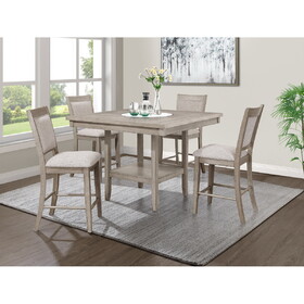 5pc Dining Set Contemporary Farmhouse Style Counter Height w 20-inch White Faux Marble Lazy Susan All Tan / Beige Gray Finish Upholstered Chairs Wooden Wood Veneers Solid Wood Dining Room Furniture