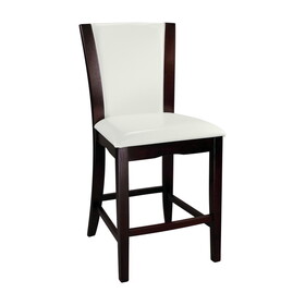 Modern Contemporary Counter Height Chairs Set of 2 White Faux Leather Upholstered Espresso Finish Hardwood Solid