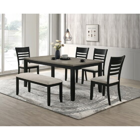 Contemporary 6pc Dining Set Rectangular Table Two- Tone Finish Wood Base Ladder Back Upholstery Chairs Bench Black Gray Finish Wooden Dining Room Furniture B011S01539