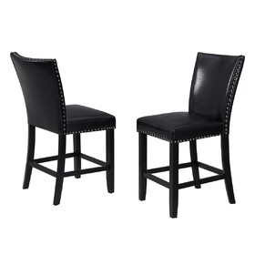 2pc Counter Height Upholstered PU Chair with Footrest Chrome Nailhead Trim Pub Height Black B011P286893