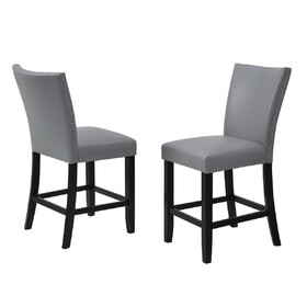 2pc Counter Height Upholstered PU Chair with Footrest Chrome Nailhead Trim Pub Height Gray B011P286894