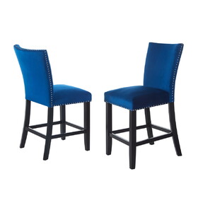 2pc Counter Height Upholstered Velvet Chair with Footrest Chrome Nailhead Trim Pub Height Blue B011P286896