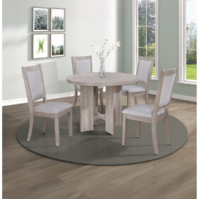 5pc Dining Set Round Table Upholstered Chairs Wooden Dining Room Furniture Beige Drift wood Finish B011P287318
