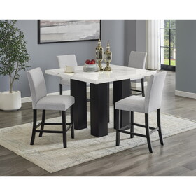 5pc Dining Table Set Counter Height Square Faux Marble Table Top Light Gray Fabric Upholstered Chair Dining Room Wooden Furniture Solid Wood B011S01632