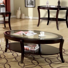 Contemporary Style Oval Shape Coffee Table Espresso Finish Glass on Top Supported with Solid Wood Lower Shelf Open B011P357281