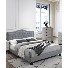 European style 1pc Queen Size Bed Velvet Fabric Button Tufted Headboard Gray Finish Bedroom Furniture