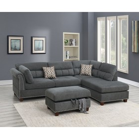 Sectional Sofa Slate Color Velvet Fabric Reversible Chaise Sofa Sectional W Pillows Cocktail Storage Ottoman 3pc Set B011S00103