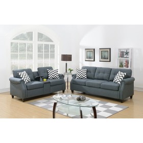 2pcs Sofa Set Living Room Furniture Blue Gray Plush Polyfiber Sofa Loveseat W Console Pillows Couch B011S00113