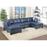 Genuine Leather Ink Blue Tufted 6pc Sectional Set 2X Corner Wedge 2X Armless Chair 2X Ottomans Living Room Furniture Sofa Couch B011S00166