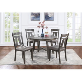 Dining Room Furniture 5pc Dining Set Round Table and 4X Side Chairs Gray Fabric Cushion Seat Rich Dark Brown Finish Wooden Table Top