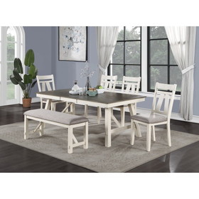 Dining Room Furniture 6pc Dining Set Table W Leaf and 4X Side Chairs 1X Bench Gray Fabric Cushion Seat White Clean Lines Wooden Table Top