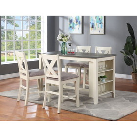 Contemporary 5pc Counter Height High Dining Table W Storage Shelves 4X High Chairs Wooden Kitchen Breakfast Table Dining Room Furniture