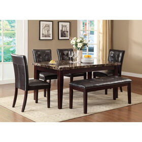 Espresso Finish 6pc Dining Set Faux Marble Top Table Bench Button-Tufted 4 Side Chairs Casual Transitional Dining Furniture