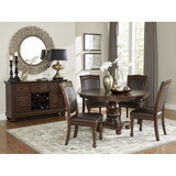 Elegant Design 5pc Dining Set Brown Cherry Finish Pedestal Base Table and 4x Side Chairs Faux Leather Upholstered Traditional Dining Room Furniture B011S00313