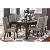 Contemporary Dark Brown 7pc Dining set Table with Extension Leaf and 6x Upholstered Side Chairs Modern Dining Room Furniture B011S00327