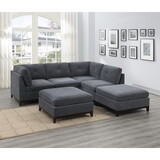 Ash Grey Chenille Fabric Modular Sectional 6pc Set Living Room Furniture Corner L-Sectional Couch 2x Corner Wedge 2x Armless Chairs and 2x Ottomans Tufted Back Exposed Wooden Base