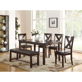 Dining Room Furniture Casual 6pc Set Dining Table 4X Side Chairs and a Bench Rubberwood and Birch Veneers Espresso Finish
