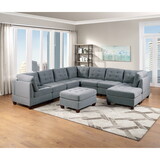 Modular Sectional 9pc Set Living Room Furniture Corner Sectional Tufted Nail heads Couch Gray Linen Like Fabric 3x Corner Wedge 4x Armless Chairs and 2x Ottomans