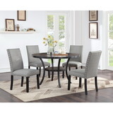 Modern Classic Dining Room Furniture Natural Wooden Round Dining Table 4x Side Chairs Gray Fabric Nail heads Trim and Storage Shelve 5pc Dining Set