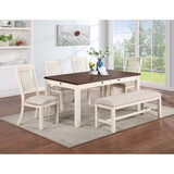 Luxury Look Dining Room Furniture 6pc Dining Set Dining Table w Drawers 4x Side Chairs 1x Bench White Rubberwood Walnut Acacia Veneer Slat Back Chair