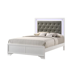 Modern White Crocodile Skin Finish Upholstered 1pc Queen Size LED Panel Bed Faux Diamond Tufted Bedroom Furniture B011S00447