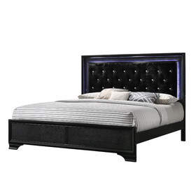 Modern Black Finish Upholstered 1pc King Size LED Panel Bed Faux Diamond Tufted Bedroom Furniture B011S00454