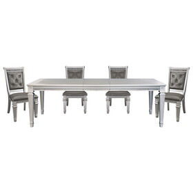Silver Finish 5pc Dining Set Table w Leaf and 4x Side Chairs Modern Glam Style Crystal-Tufted Chairs Upholstered Seat Wooden Dining Room Furniture