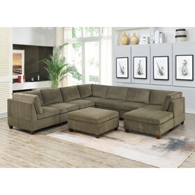 Living Room Furniture Tan Chenille Modular Sectional 9pc Set Corner Sectional Modern Couch 3x Corner Wedge 4x Armless Chairs and 2x Ottoman Plywood
