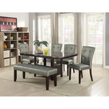 Dining Room Furniture 6pc Counter Height Dining Set Dining Table w Storage 4x High Chairs 1x Bench Silver Faux Leather Tufted Seats Faux Marble Table Top