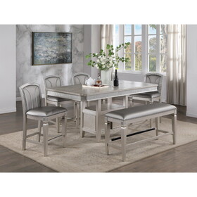 Luxury Formal Glam Style 6pc Counter Ht. Dining Set 12" Extendable Leaf Pedestal Shelf Table Upholstered Chair Bench Sparkling Accents Silver Champagne Finish Dining Room Furniture