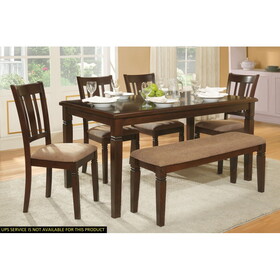 6pc Transitional Style Dining Furniture Set Table with Bench and 4x Side Chairs Fabric Upholstered Seat Espresso Finish Wood