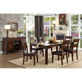 Cherry Finish Classic 7pc Dining Set Wooden Table Draw Leaf and 6 Side Chairs Faux Leather Upholstered Durable Furniture Transitional Style Ladder Back