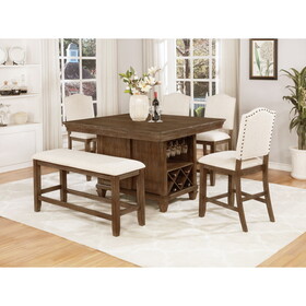 Traditional Vintage Style Regent 6pc Counter Height Dining Set Warm Brown Beige Finish Rectangular Table Fabric Upholstered Nailhead Chairs Bench Solid Wood Dining Room Furniture