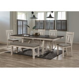 6pc Cottage Style Extendable Dining Table Set Chalk Gray Tow Tone Finish Upholstered Chair Bench Dining Room Wooden Furniture Two Self-Storing Refectory Leaves Solid Wood