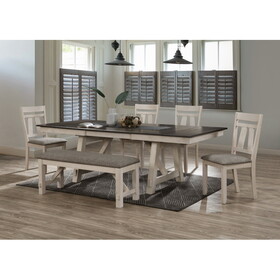 6pc Cottage Style Extendable Dining Table Set Chalk Gray Tow Tone Finish Upholstered Chair Bench Dining Room Wooden Furniture Two Self-Storing Refectory Leaves Solid Wood