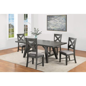 5pc Dining Set Transitional Farmhouse Style Rectangular Extendable 18" Leaf Table Upholstered Chairs Dark Finish Wooden Solid Wood Dining Room Furniture Gray B011135286
